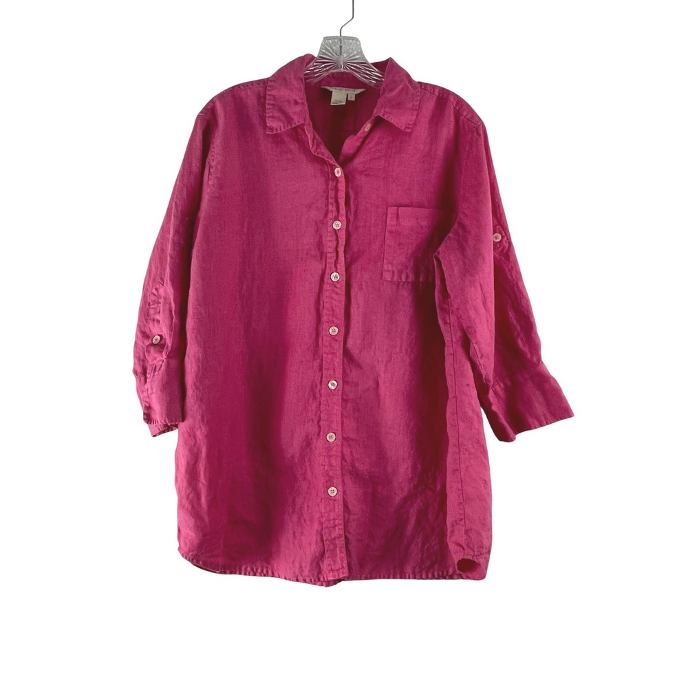 Isabella Bird Linen Button Up Shirt Women Large Pink Roll Tab Sleeve Tunic Beach